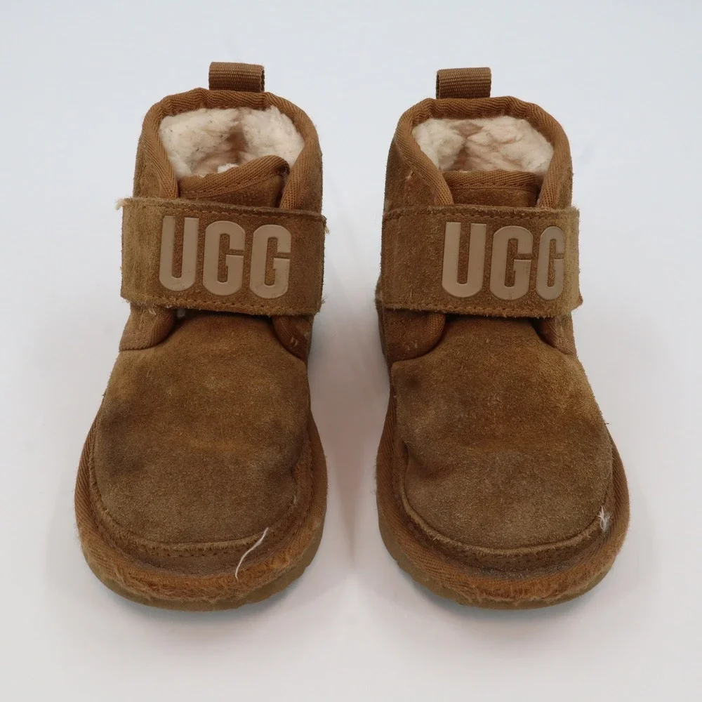 UGG Neumel Logo Strap Toddler 9 Chestnut Brown Suede Shearling Ankle Boots‎